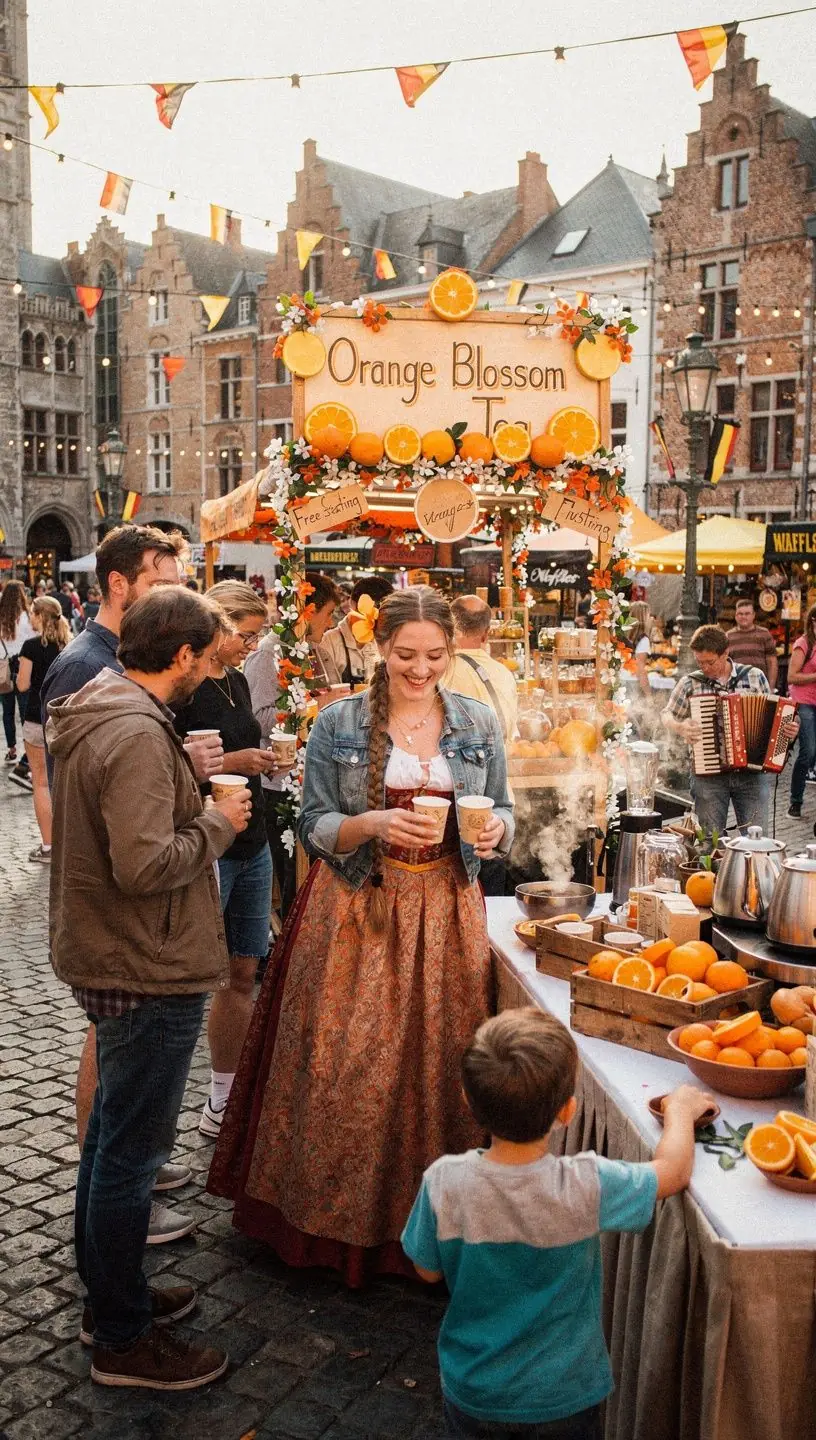 Infusion de thГ© Г  la fleur d'oranger, entourГ©e de tranches d'orange juteuses.