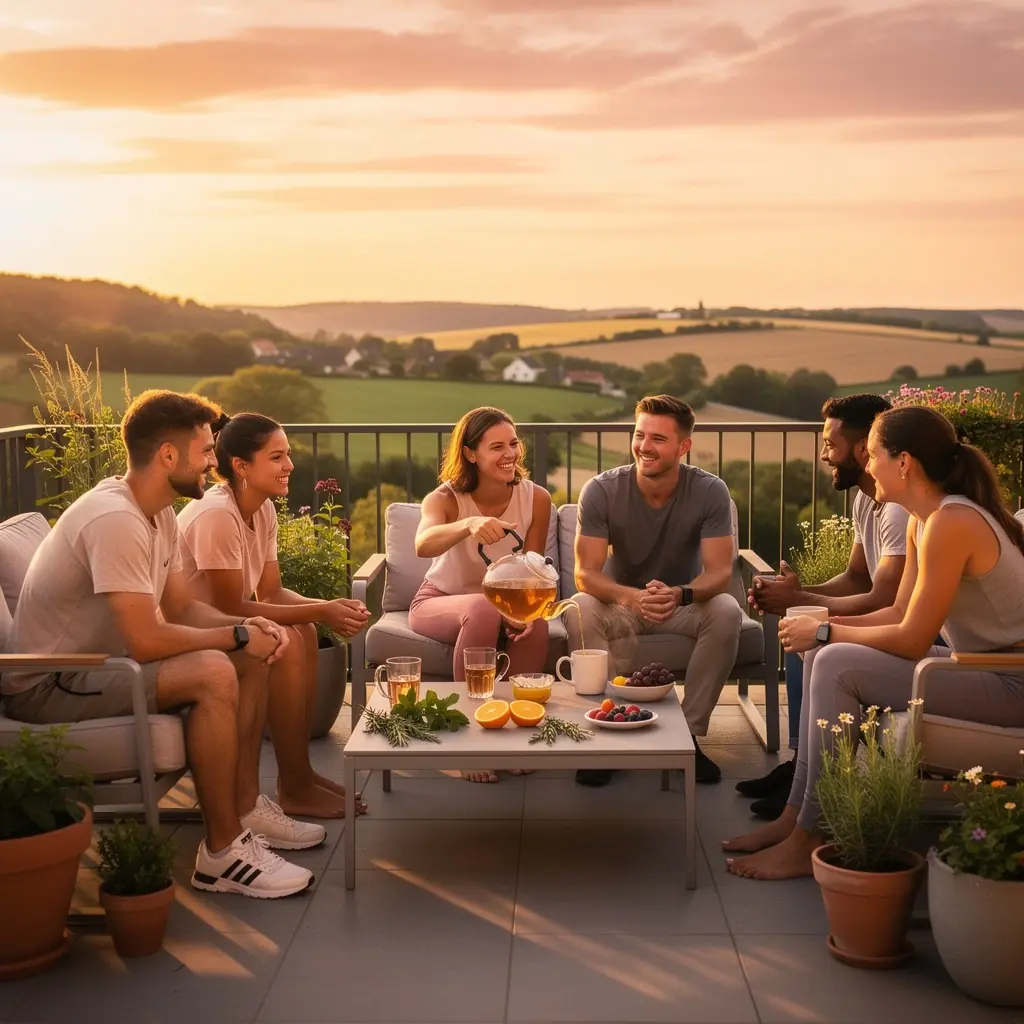 Tasse de thГ© Г  la fleur d'oranger, fumante, posГ©e sur une table en bois rustique.