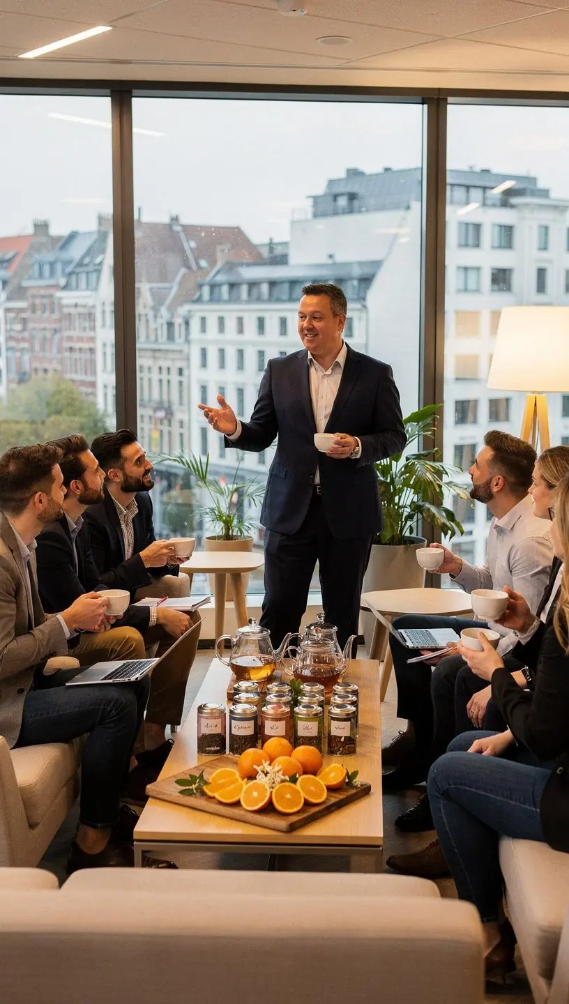 Gros plan sur des feuilles de thГ© infusГ©es, rГ©vГ©lant une couleur dorГ©e lumineuse.