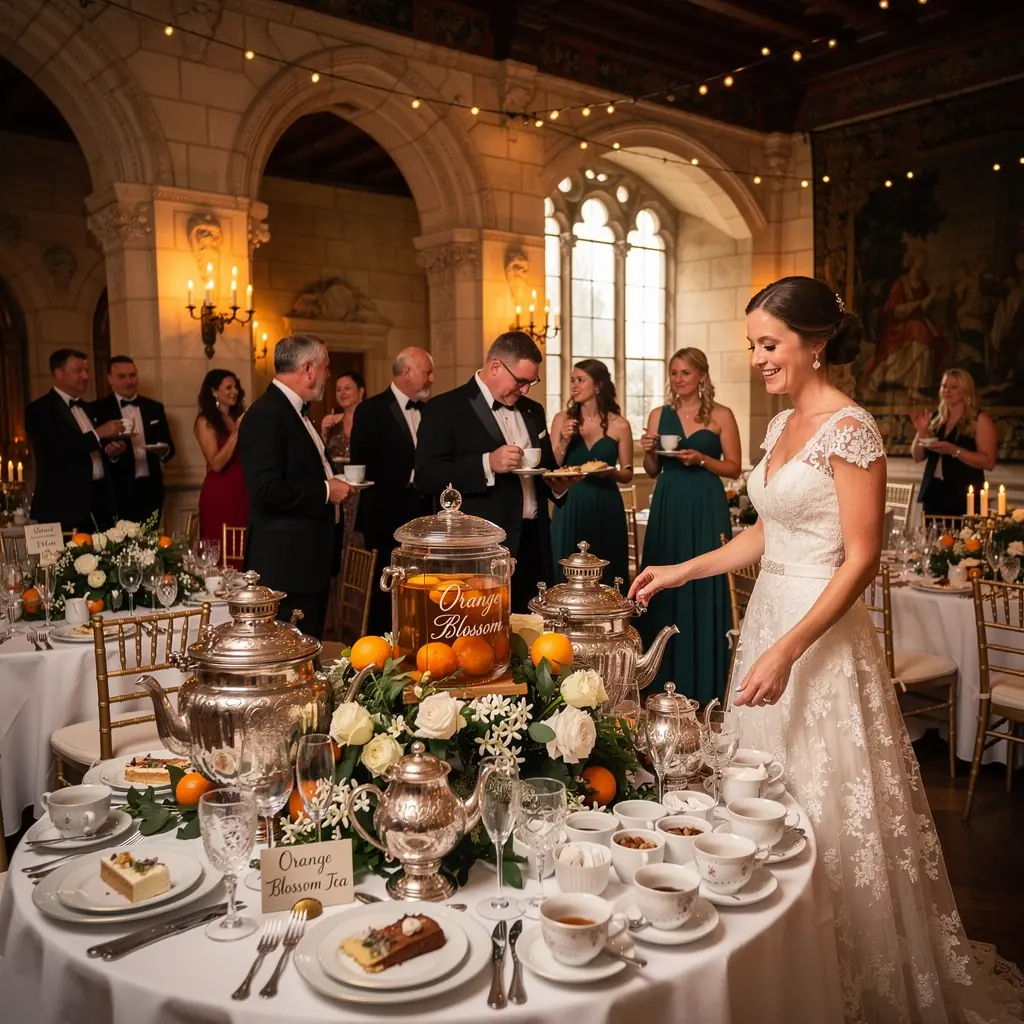Tasse de thé à la fleur d'oranger, fumante, posée sur une table en bois rustique.