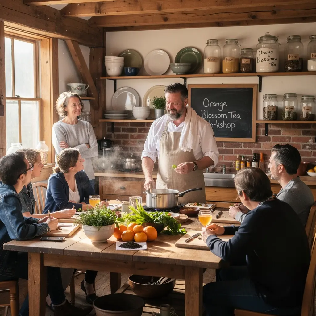 Gros plan sur des feuilles de thé et des pétales de fleurs d'oranger, illustrant la richesse aromatique.