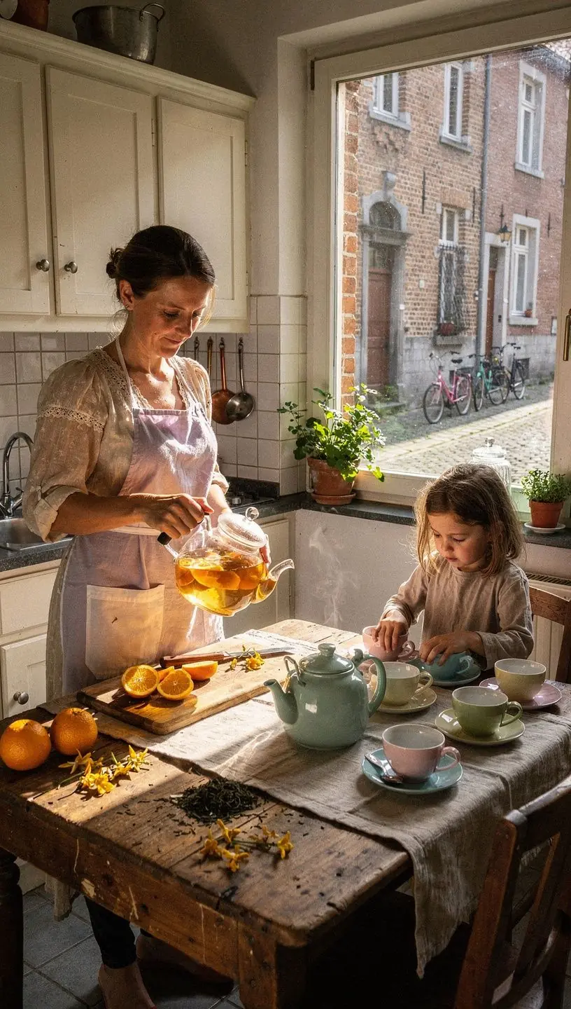 Un jardin en fleurs avec des orangers, symbolisant le parfum d'agrumes du thé.